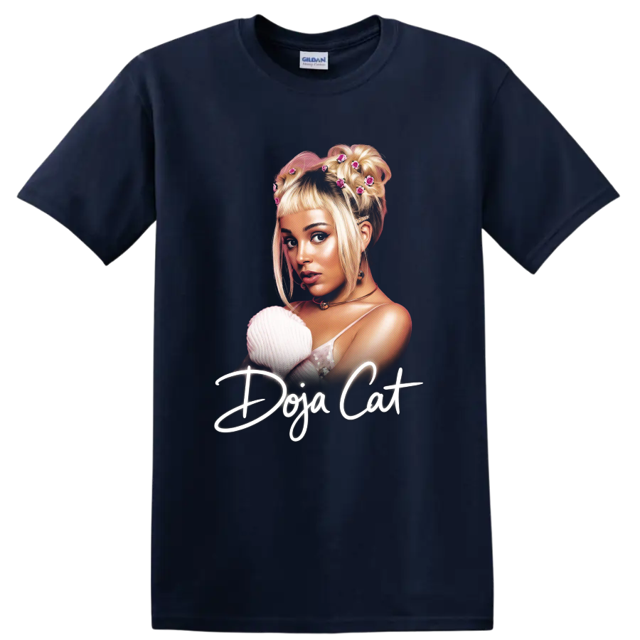 Doja Cat Y2K digital portrait with floral hair details and script text on a Navy (Blue) T Shirt