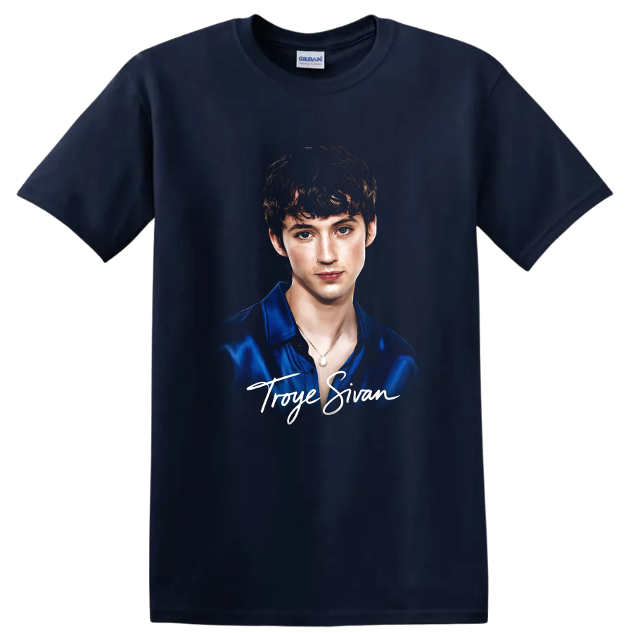 Troye Sivan portrait graphic with white script name lettering on a Navy (Blue) T Shirt