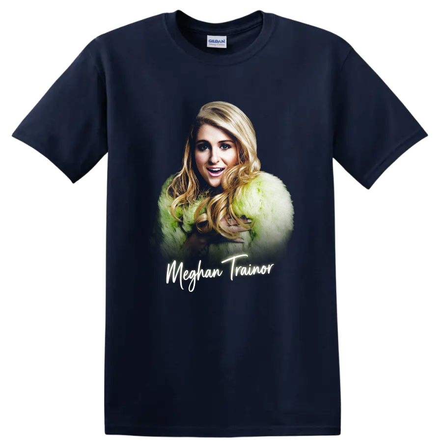 Meghan Trainor portrait graphic with lime green coat and script name on a Navy (Blue) T Shirt