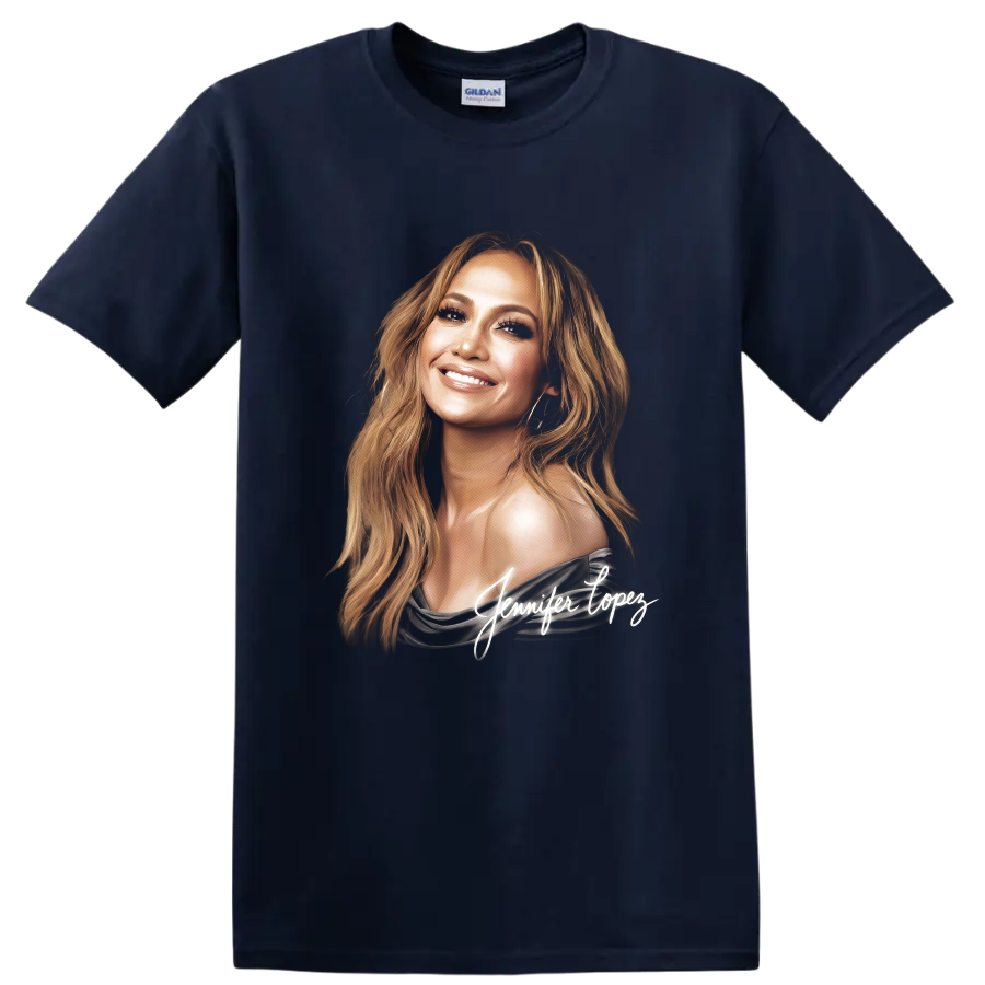Jennifer Lopez stylized portrait with white signature artwork on a Navy (Blue) T Shirt