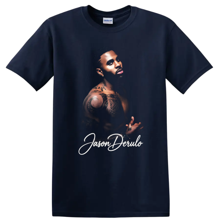Jason Derulo tattooed portrait with white script lettering on a Navy (Blue) T Shirt