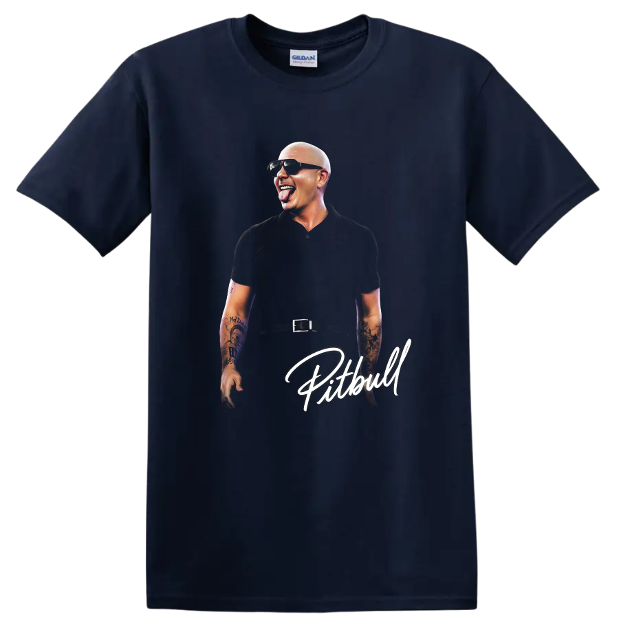 Pitbull portrait graphic with sunglasses, tattoos, and white script lettering on a Navy (Blue) T Shirt