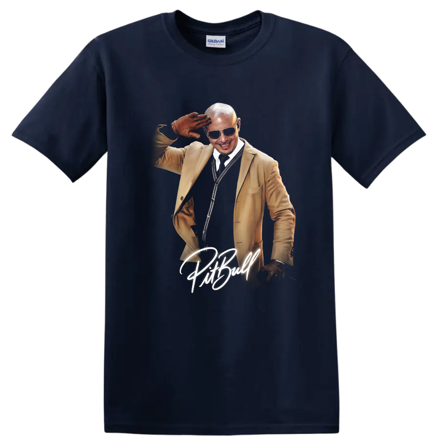 Pitbull GTA-inspired illustrated portrait with handwritten name on a Navy (Blue) T Shirt