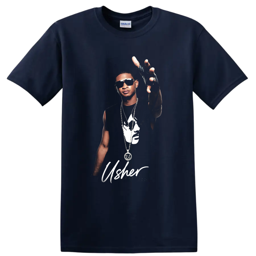Usher portrait graphic with sunglasses, jewelry, raised gloved hand, and script on a Navy (Blue) T Shirt