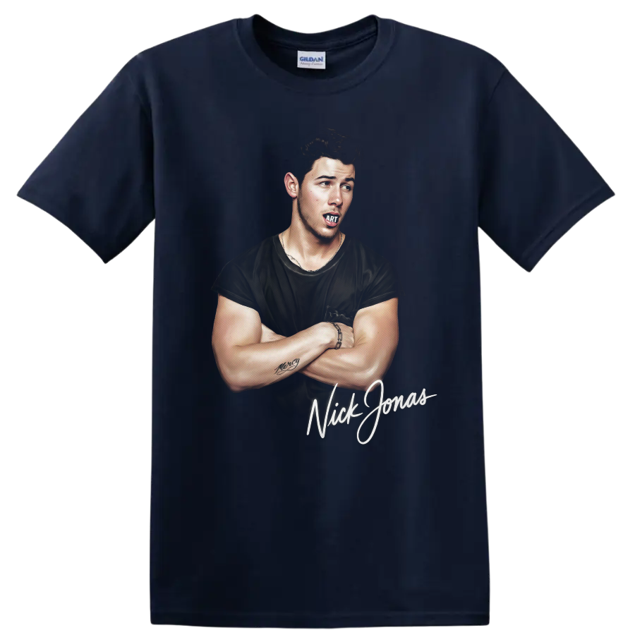 Nick Jonas illustrated portrait graphic print with script lettering on a Navy (Blue) T Shirt