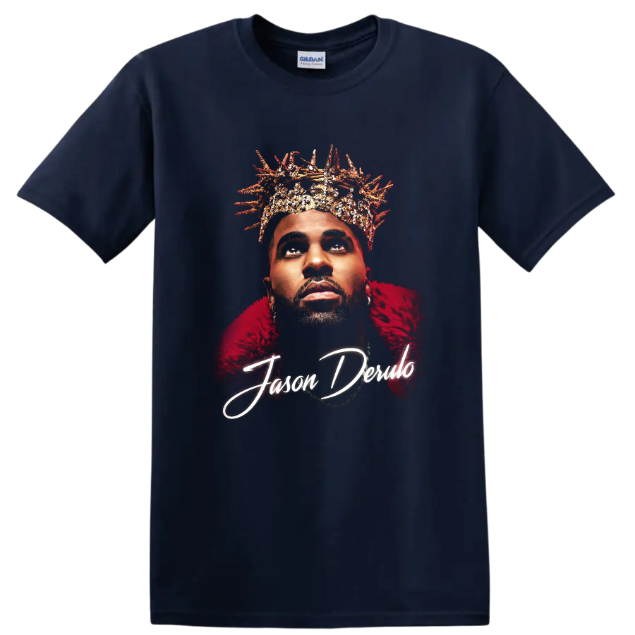 Jason Derulo crowned portrait with Nu King script graphic design on a Navy (Blue) T Shirt