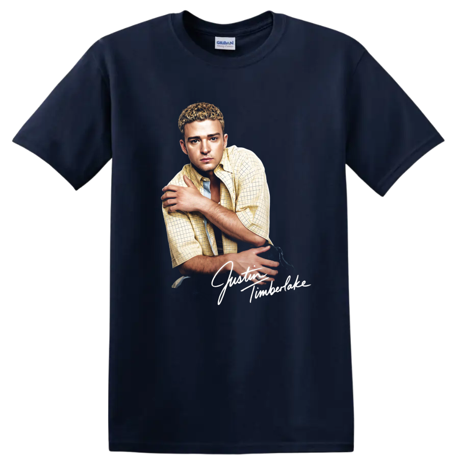 Justin Timberlake portrait graphic with white script lettering on a Navy (Blue) T Shirt