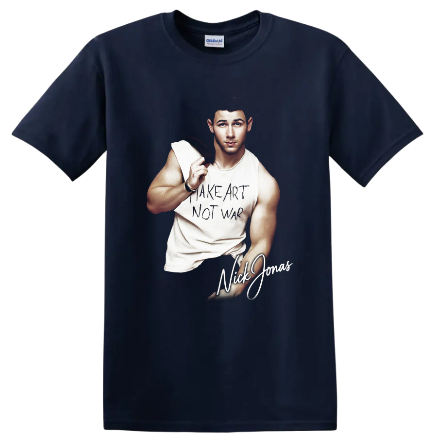 Nick Jonas FHM China portrait with Make Art Not War graphic on a Navy (Blue) T Shirt