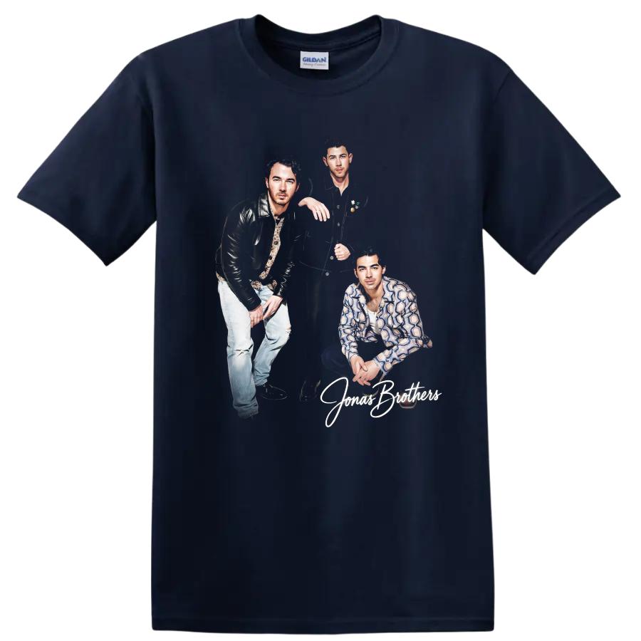 Nick Jonas and Jonas Brothers portrait graphic with script lettering on a Navy (Blue) T Shirt