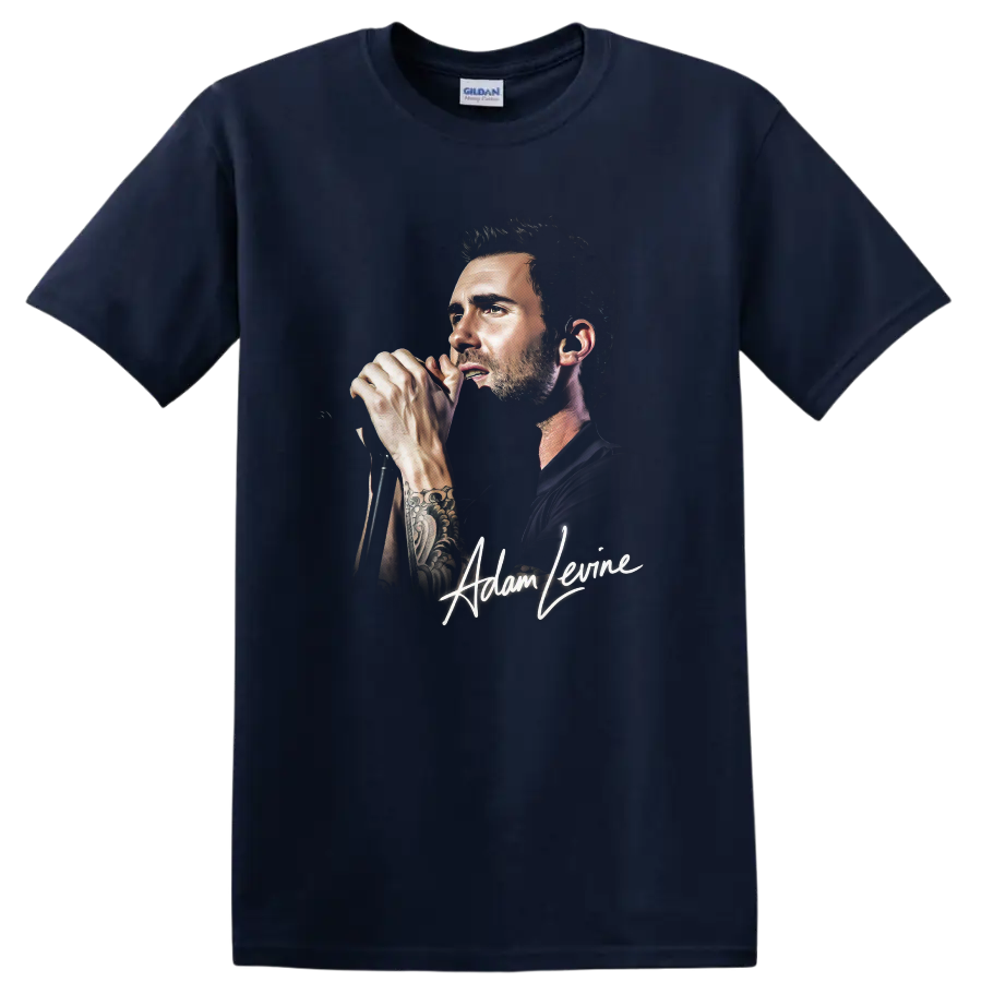 Adam Levine portrait singing into a microphone with signature graphic on a Navy (Blue) T Shirt
