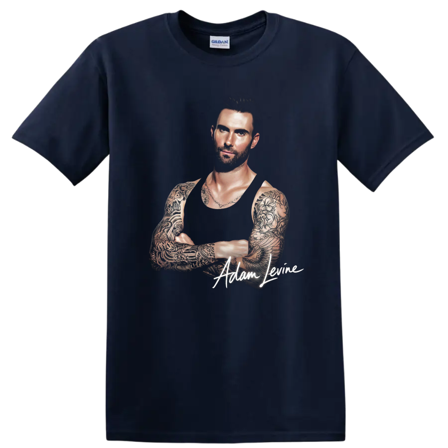 Adam Levine tattoo portrait with signature graphic on a Navy (Blue) T Shirt
