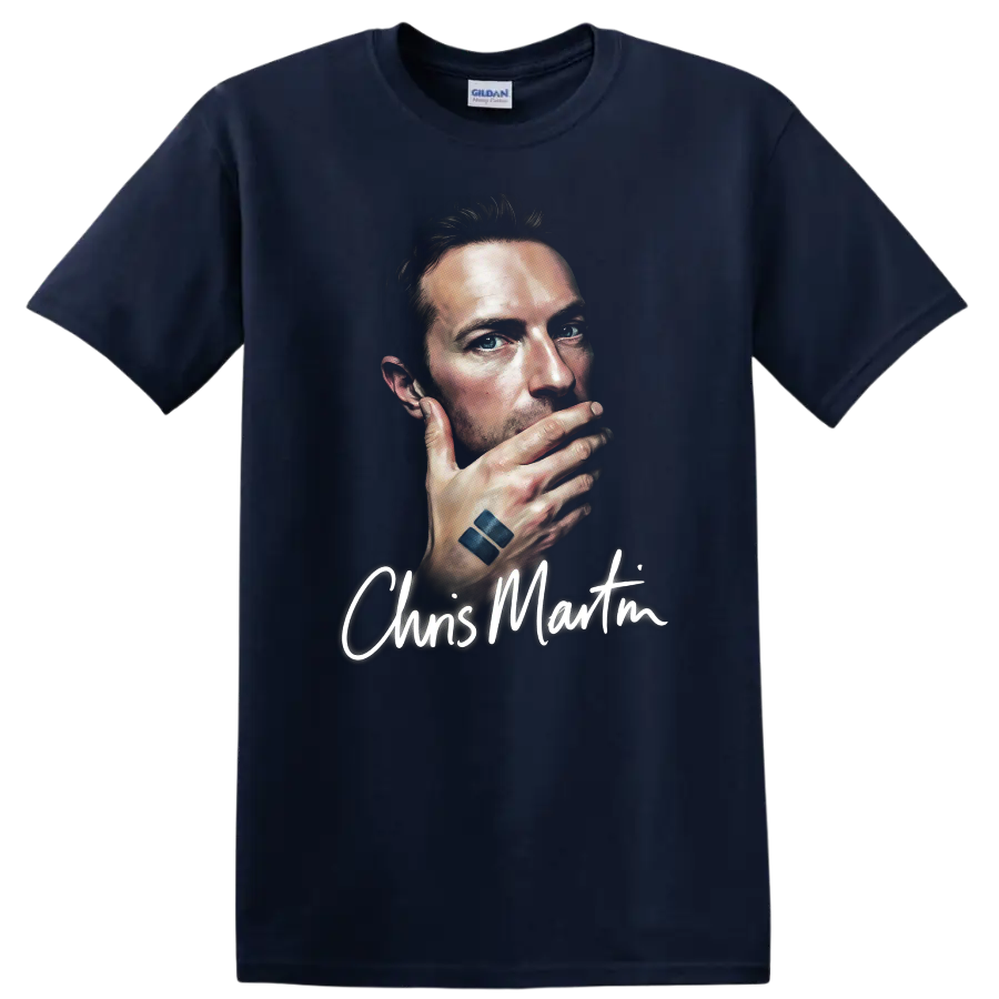 Chris Martin portrait graphic print with handwritten name lettering on a Navy (Blue) T Shirt