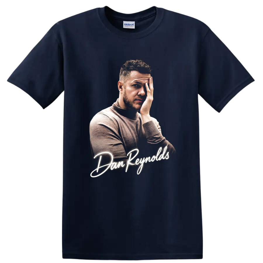 Dan Reynolds portrait with white script lettering on a Navy (Blue) T Shirt