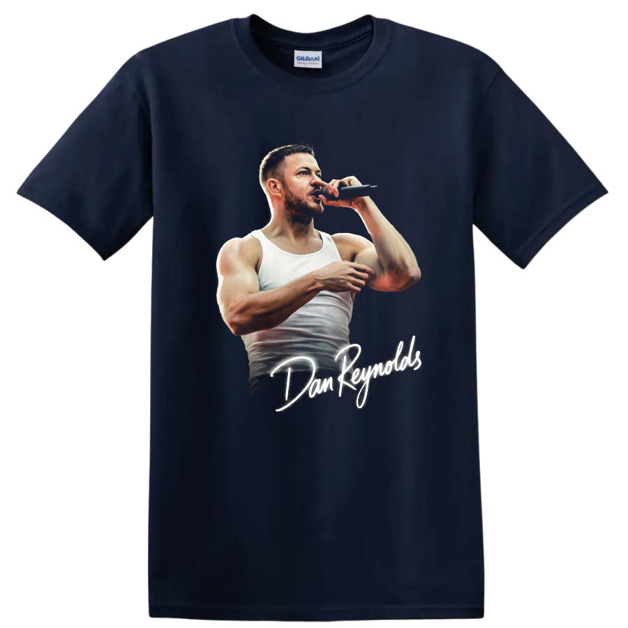 Dan Reynolds performing with microphone, illustrated portrait with handwritten name on a Navy (Blue) T Shirt