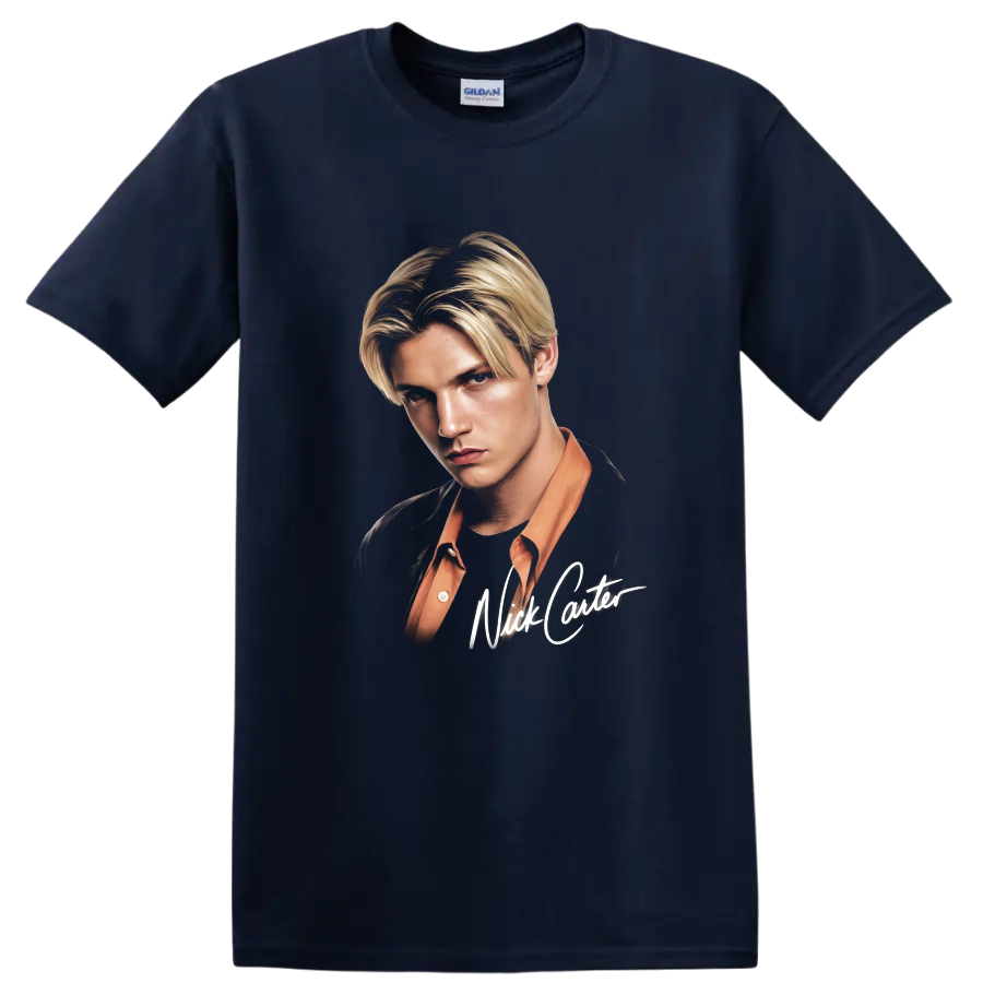 Nick Carter portrait with signature-style lettering on a Navy (Blue) T Shirt