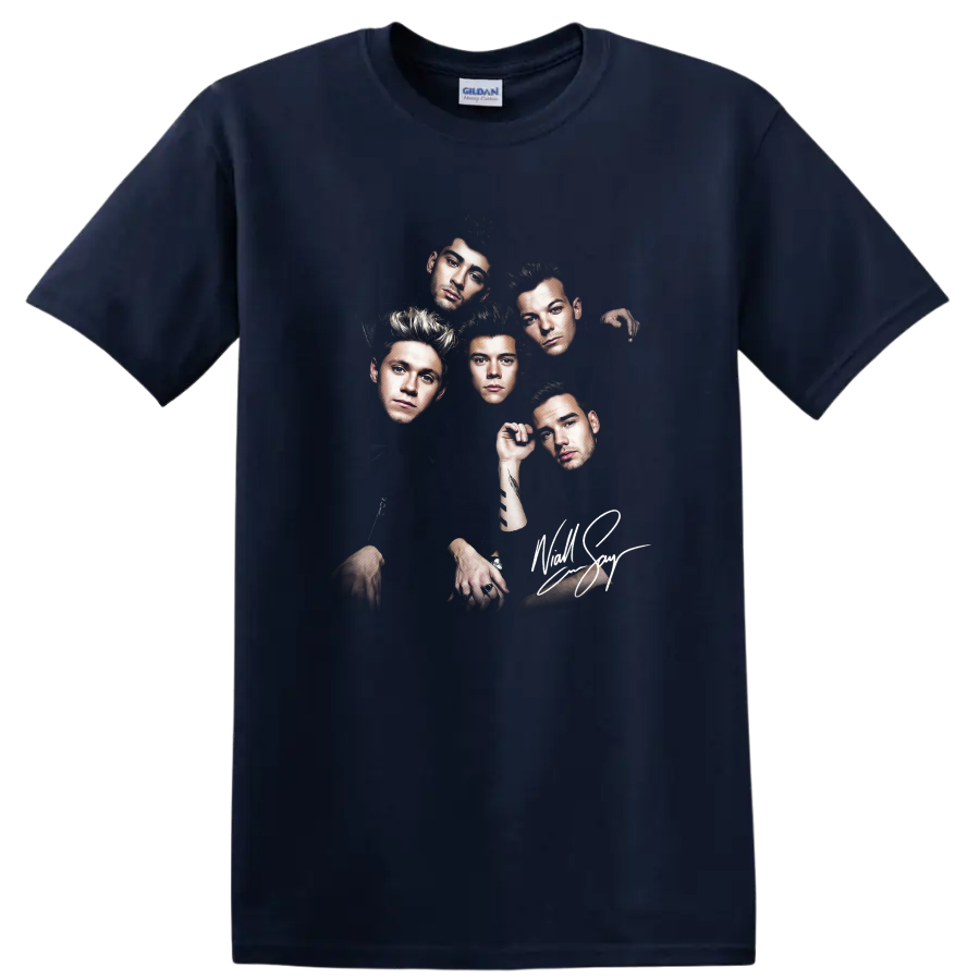 One Direction five-member band portrait with dramatic dark graphic design on a Navy (Blue) T Shirt