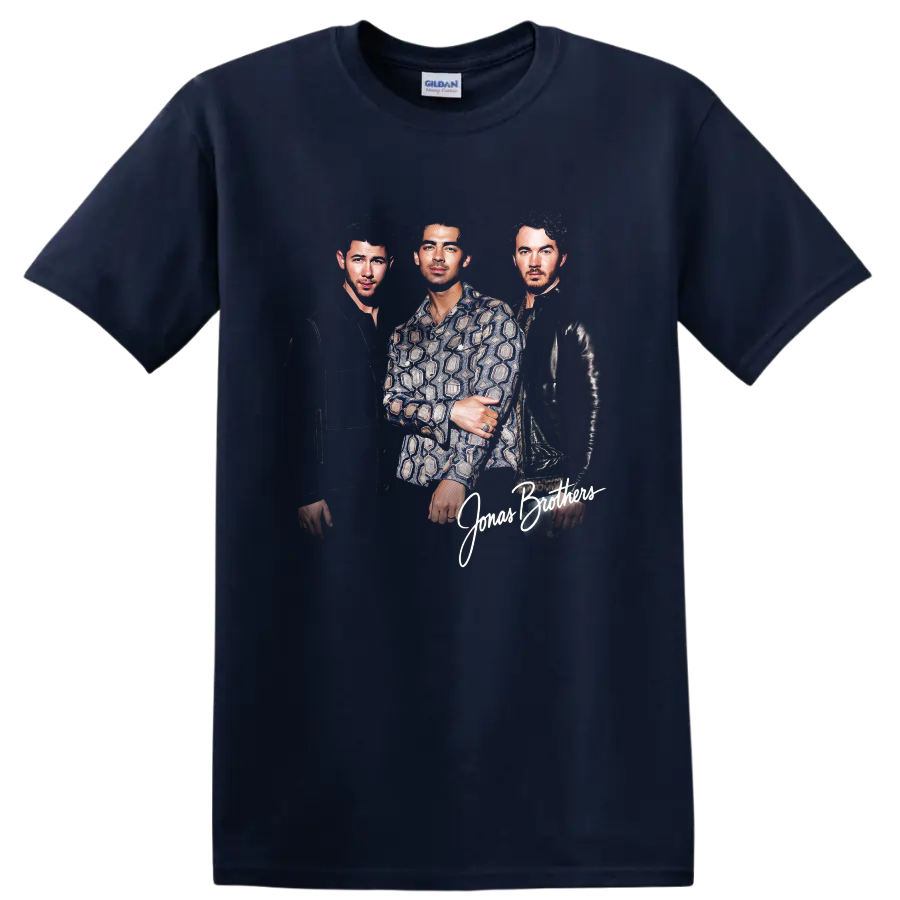 Jonas Brothers portrait graphic with Nick, Joe, and Kevin and script lettering on a Navy (Blue) T Shirt