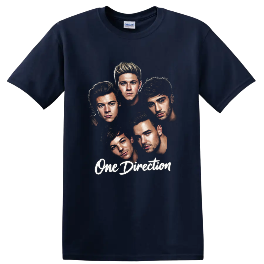 One Direction five-member illustrated fan art with script lettering on a Navy (Blue) T Shirt