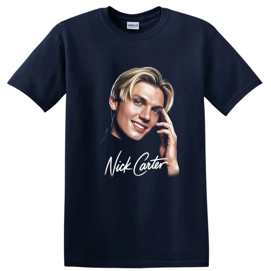 Nick Carter illustrated portrait with white script lettering on a Navy (Blue) T Shirt