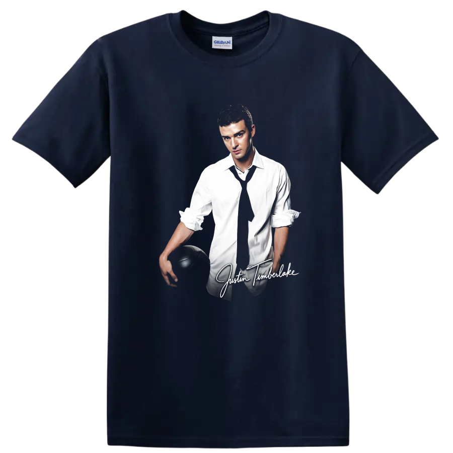 Justin Timberlake portrait in white shirt and black tie holding soccer ball on a Navy (Blue) T Shirt