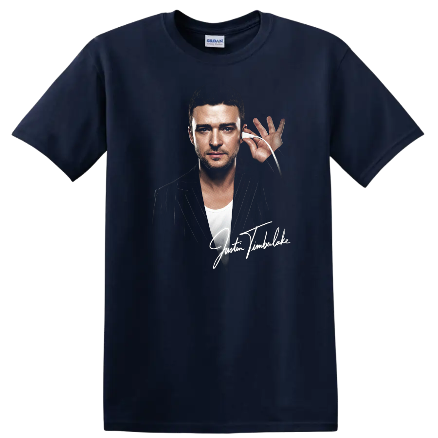 Justin Timberlake portrait graphic with signature and pinstripe jacket on a Navy (Blue) T Shirt