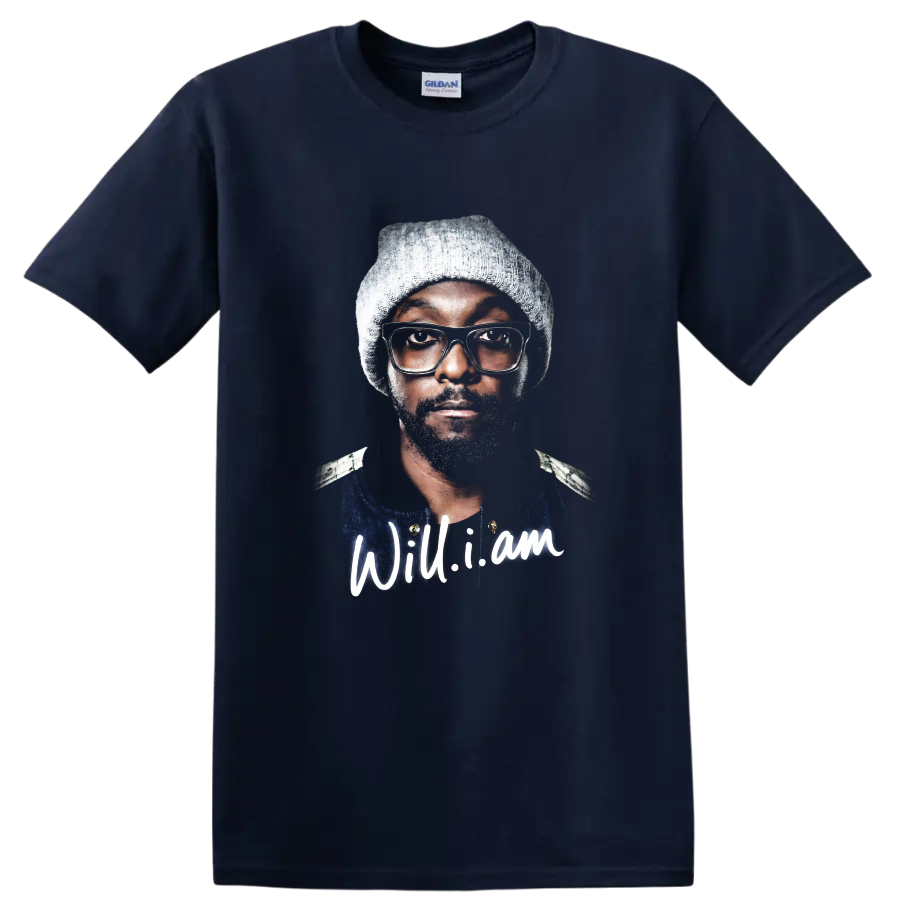 will.i.am hip-hop portrait graphic with knit cap and glasses on a Navy (Blue) T Shirt