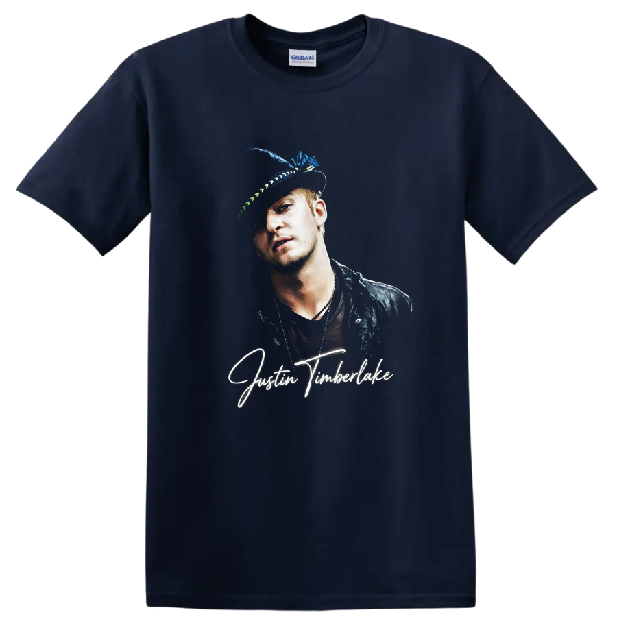 Justin Timberlake portrait graphic with white signature-style lettering on a Navy (Blue) T Shirt