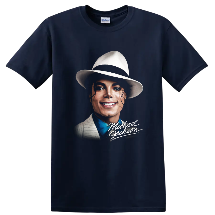 Michael Jackson Smooth Criminal pop art portrait with signature lettering on a Navy (Blue) T Shirt