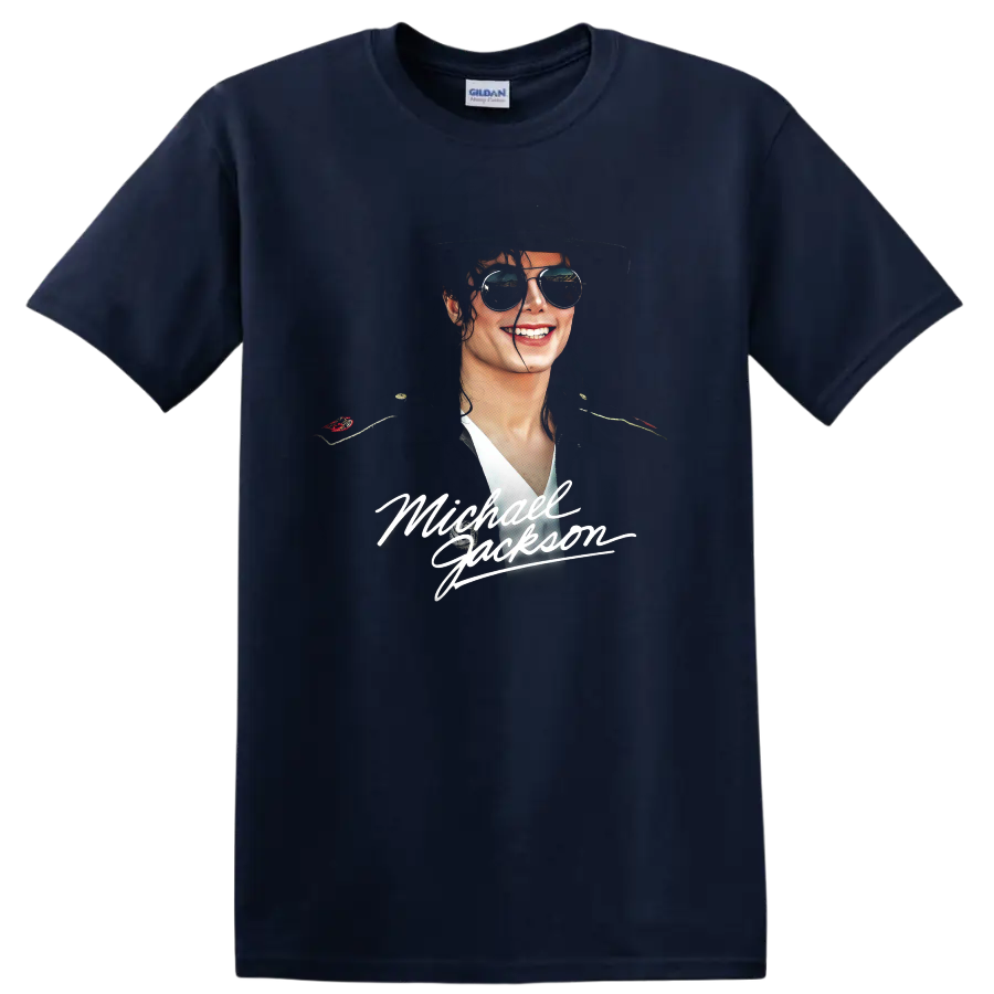 Michael Jackson portrait with fedora, sunglasses, and signature lettering on a Navy (Blue) T Shirt