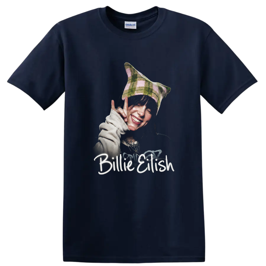 Billie Eilish smiling portrait with plaid hat and hand-lettered name on a Navy (Blue) T Shirt