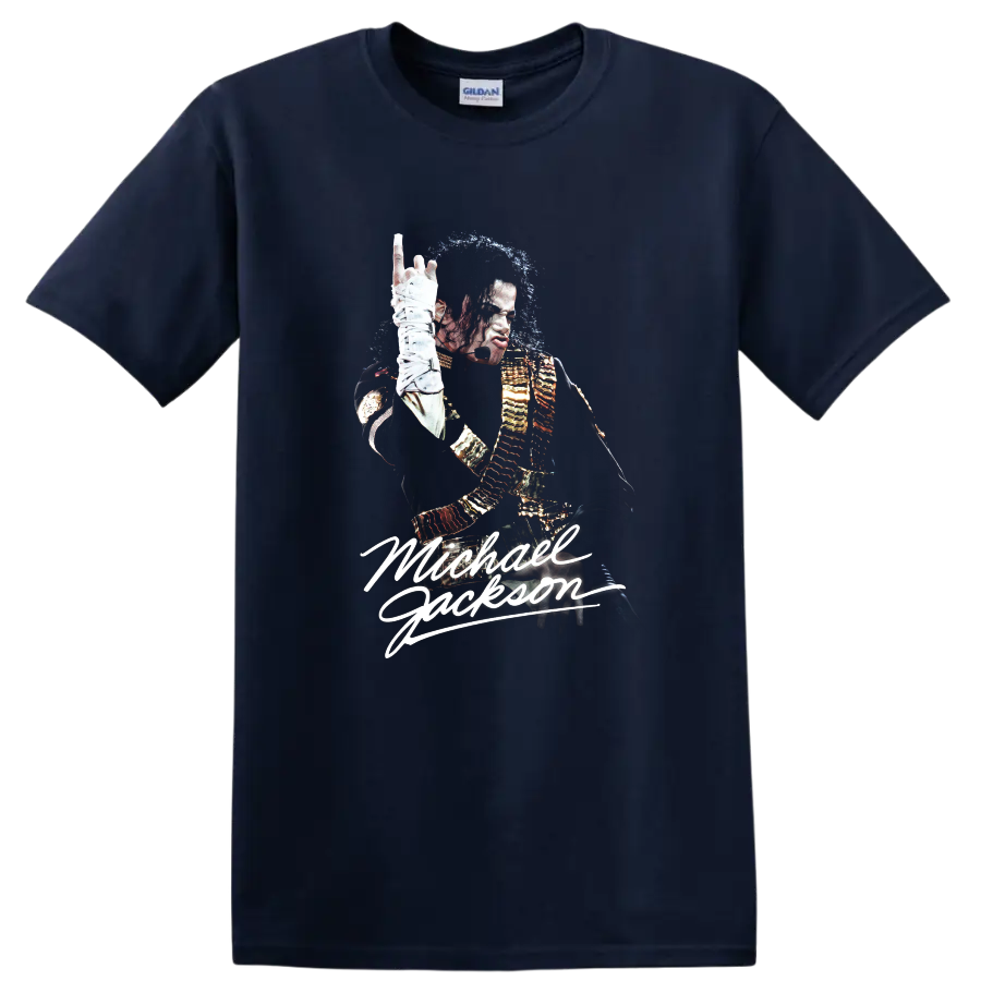 Michael Jackson Dangerous-era performance portrait fan art with signature lettering on a Navy (Blue) T Shirt