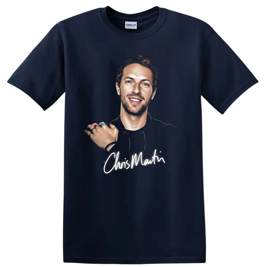 Chris Martin illustrated portrait with white signature-style script on a Navy (Blue) T Shirt