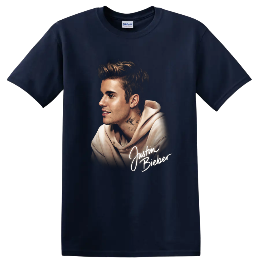 Justin Bieber side-profile portrait graphic with white script lettering on a Navy (Blue) T Shirt