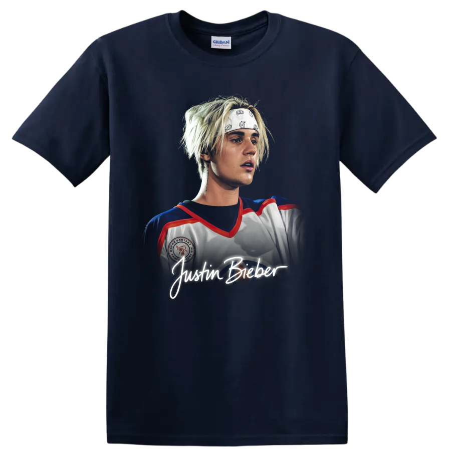 Justin Bieber portrait in hockey jersey with handwritten name graphic on a Navy (Blue) T Shirt