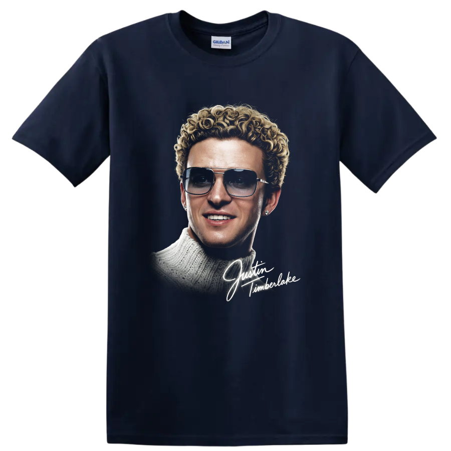 Justin Timberlake NSYNC portrait graphic with signature lettering on a Navy (Blue) T Shirt