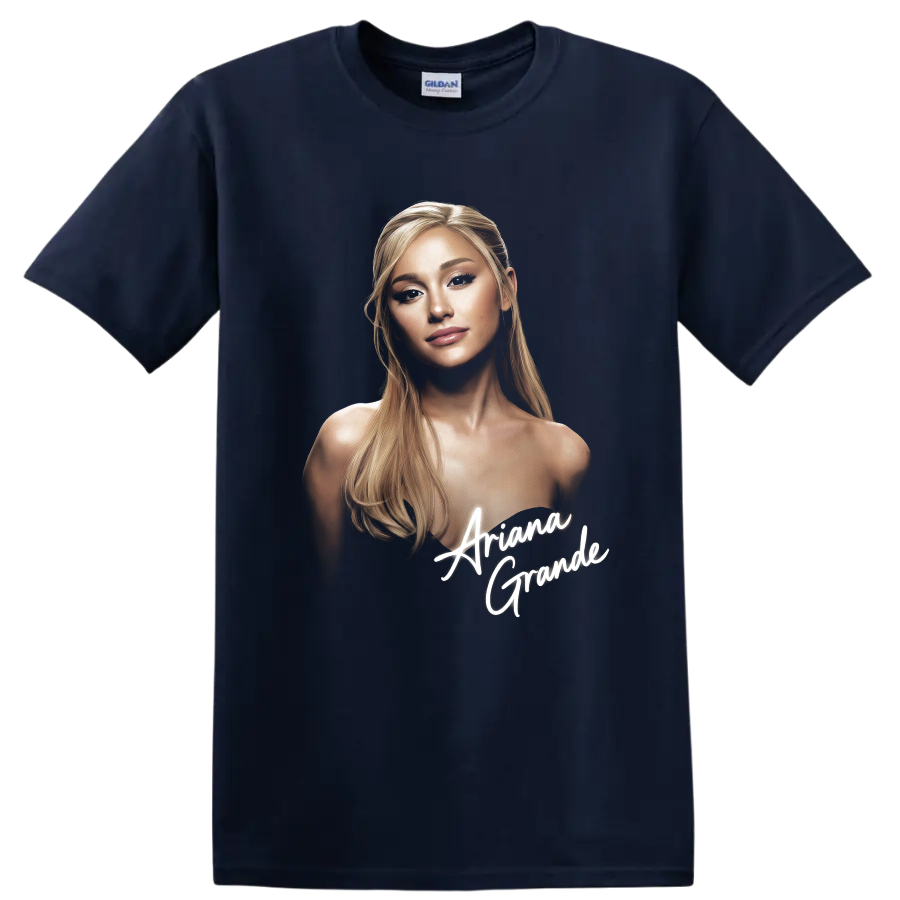 Ariana Grande digital portrait fan art with white script lettering on a Navy (Blue) T Shirt