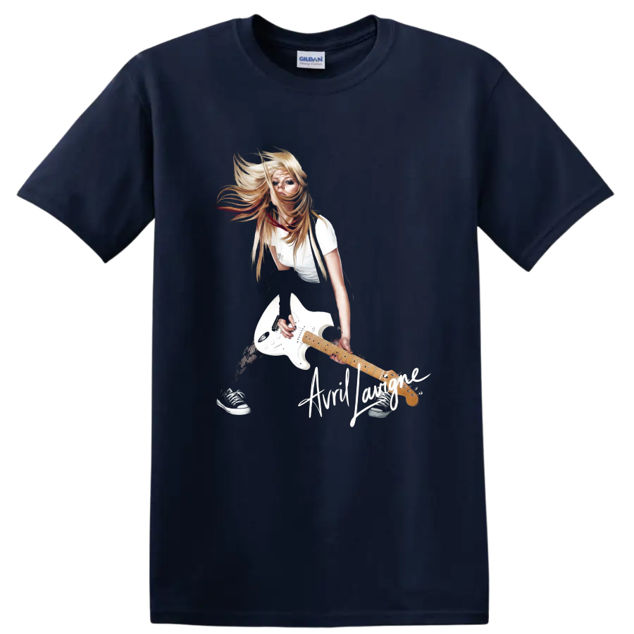 Avril Lavigne pop-punk guitarist with white electric guitar graphic on a Navy (Blue) T Shirt