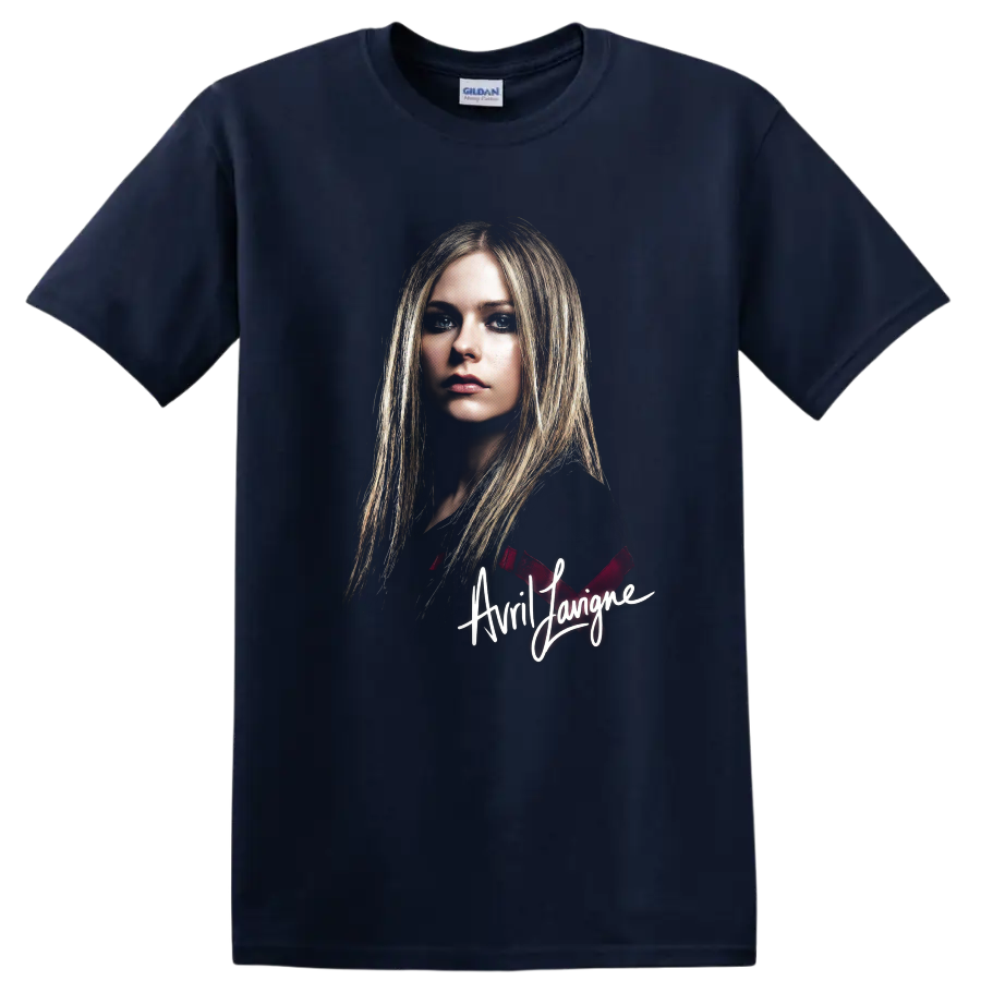 Avril Lavigne pop-punk portrait fan art with signature text on a Navy (Blue) T Shirt