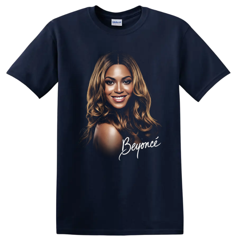 Beyoncé portrait fan art with signature-style lettering on a Navy (Blue) T Shirt