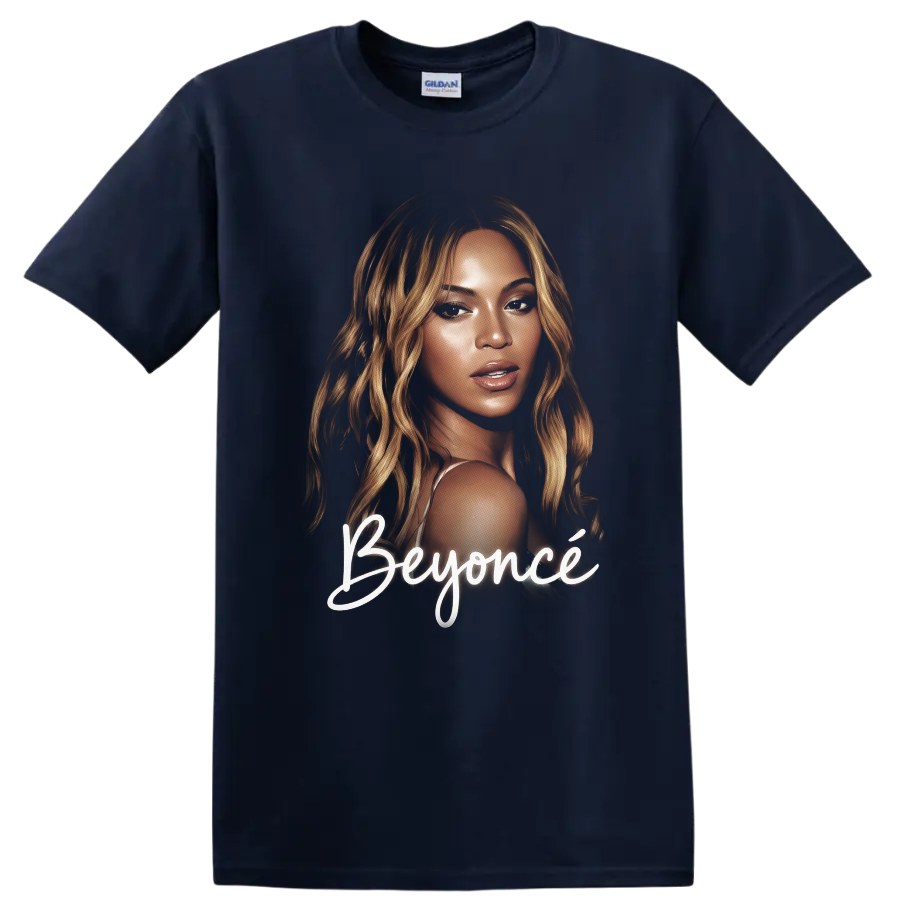 Beyoncé portrait graphic with white script lettering on a Navy (Blue) T Shirt