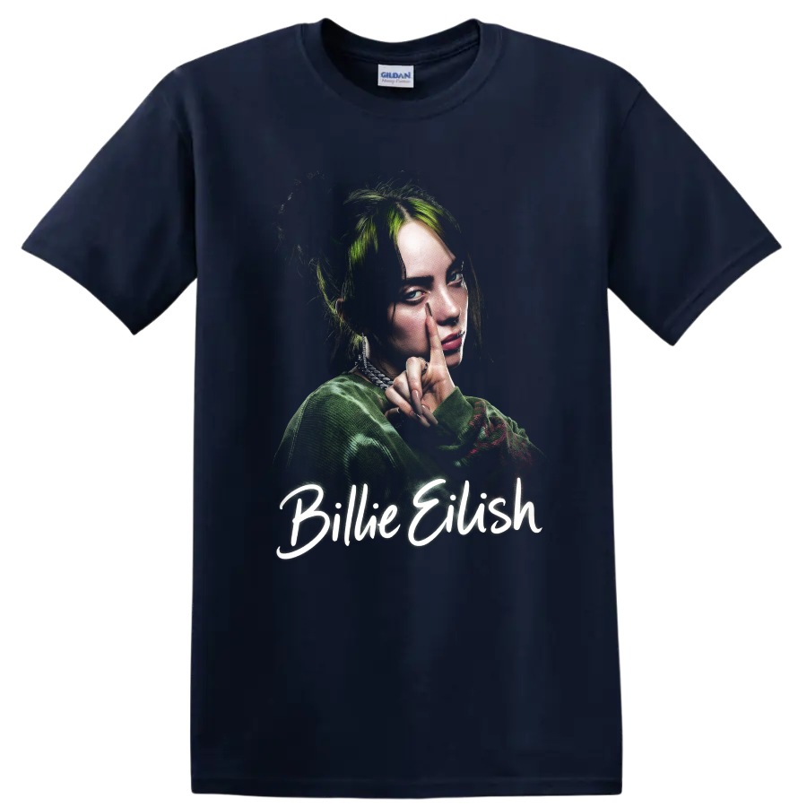 Billie Eilish portrait fan art with green hair and script lettering on a Navy (Blue) T Shirt