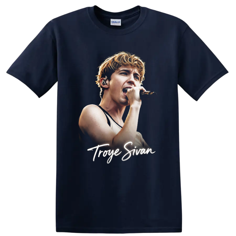 Troye Sivan singing into a microphone with signature script on a Navy (Blue) T Shirt