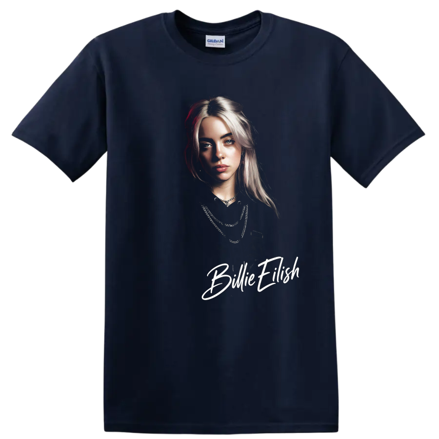 Billie Eilish portrait digital fan art with white script lettering on a Navy (Blue) T Shirt