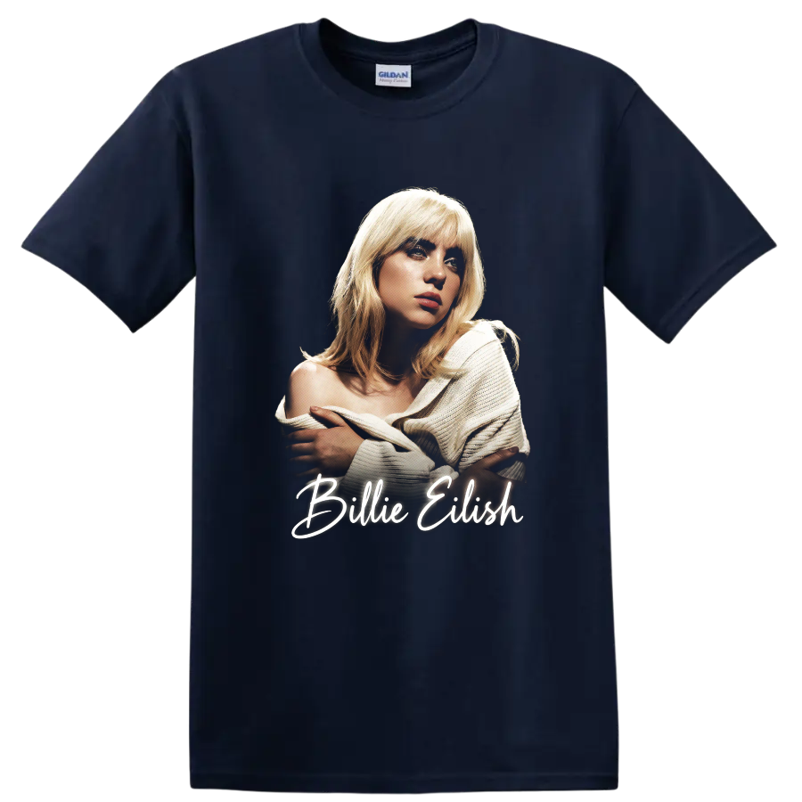Billie Eilish pop-art portrait with handwritten name lettering on a Navy (Blue) T Shirt