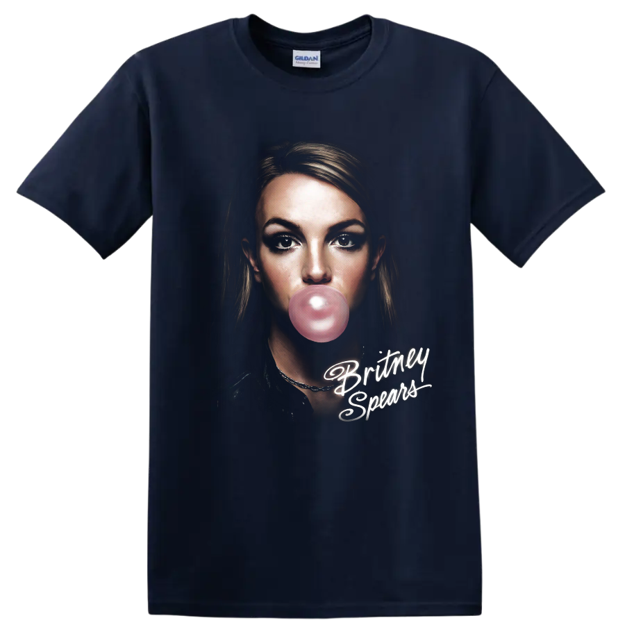 Britney Spears digital portrait with pink bubble gum and white script on a Navy (Blue) T Shirt