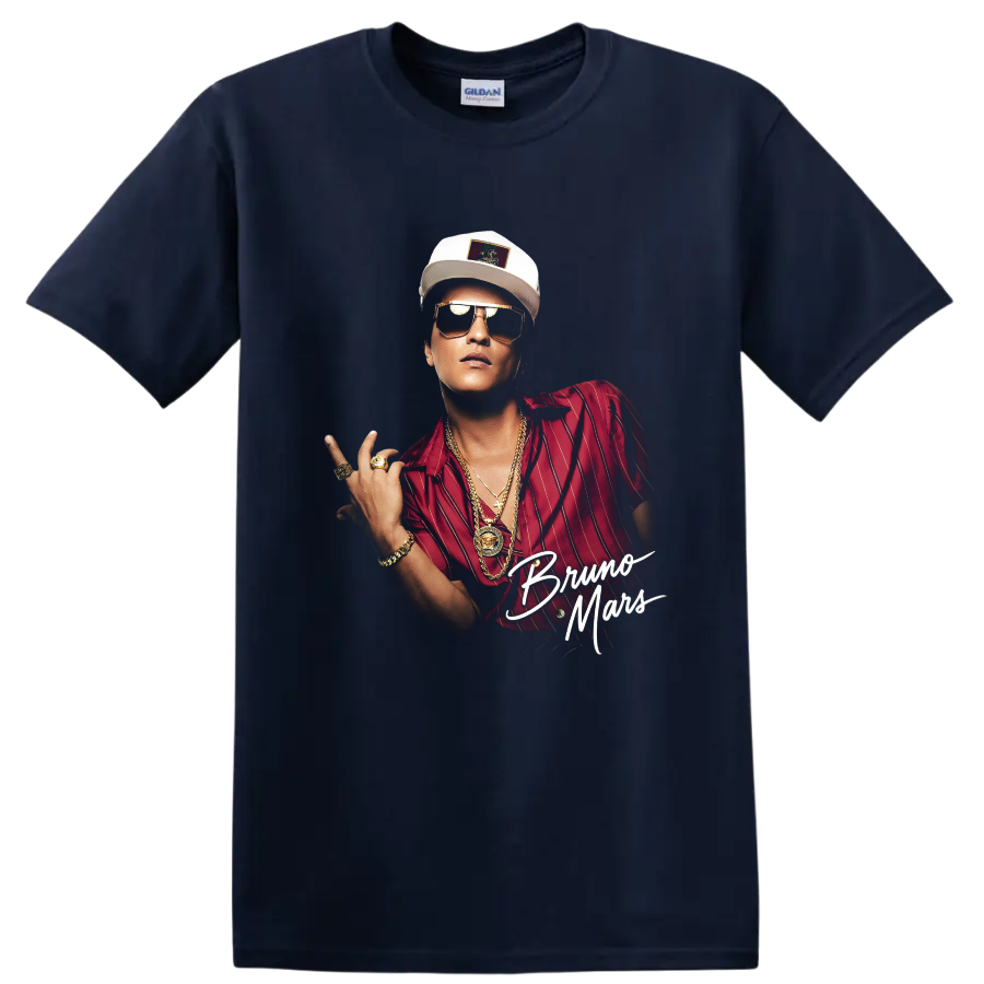 Bruno Mars portrait graphic with red shirt, sunglasses, and script text on a Navy (Blue) T Shirt