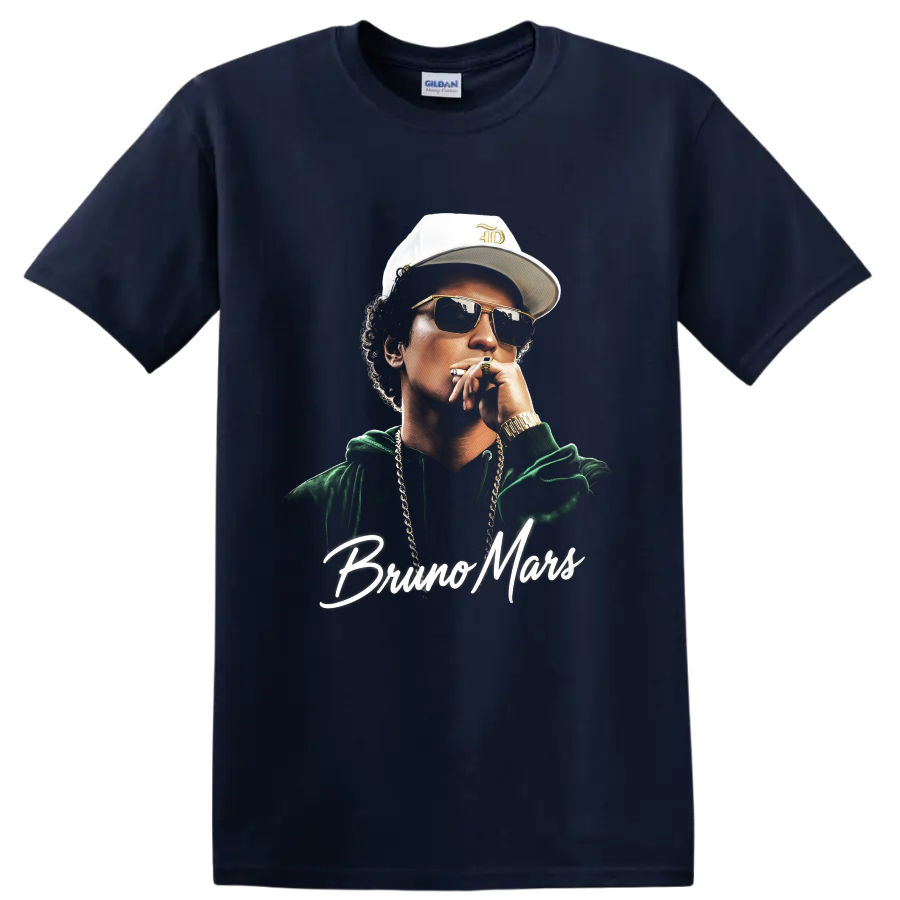 Bruno Mars pop-art portrait with sunglasses and script name lettering on a Navy (Blue) T Shirt