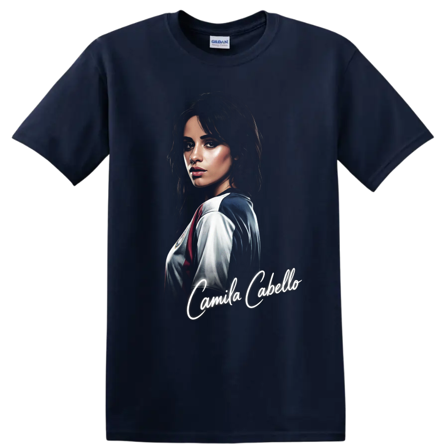 Camila Cabello illustrated portrait with glowing script name on a Navy (Blue) T Shirt
