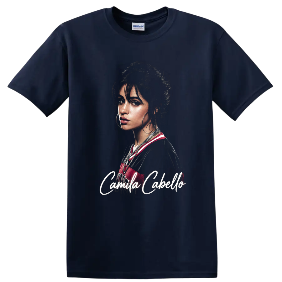 Camila Cabello digital fan portrait with white script lettering on a Navy (Blue) T Shirt