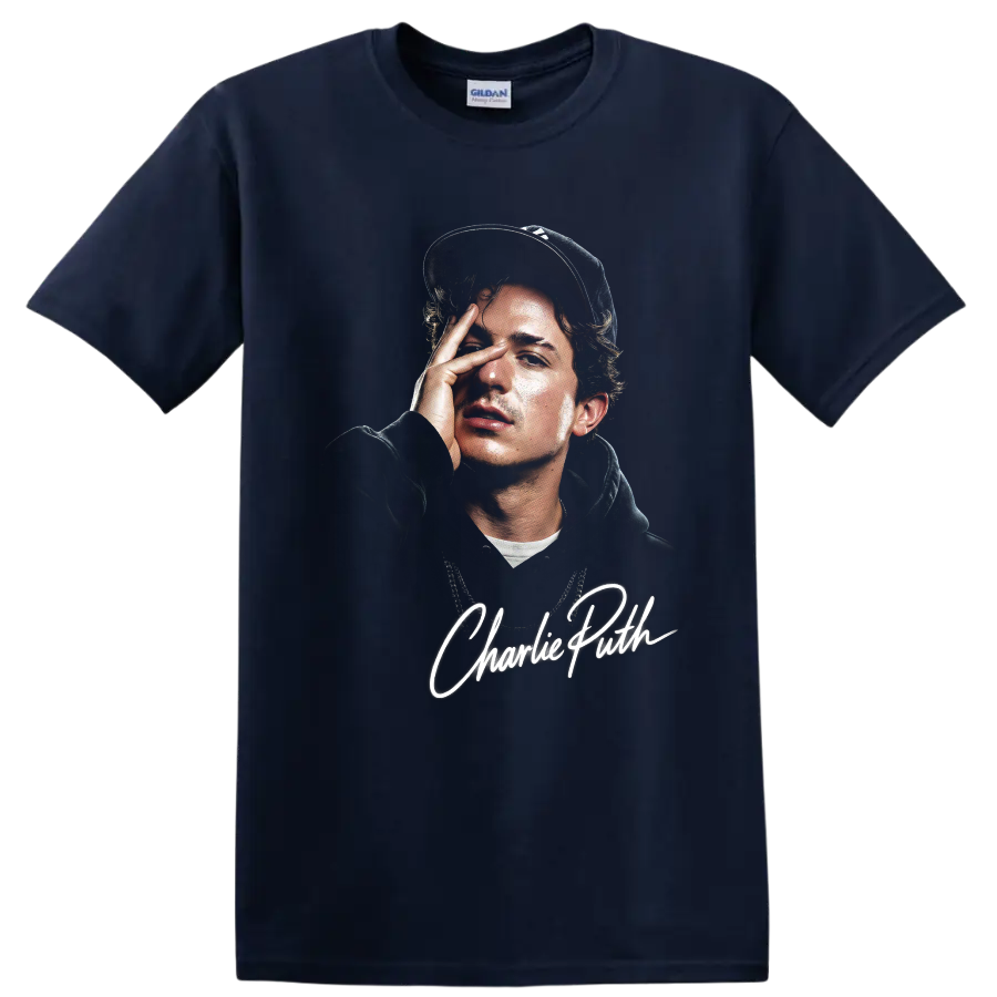 Charlie Puth digital portrait with white signature lettering on a Navy (Blue) T Shirt